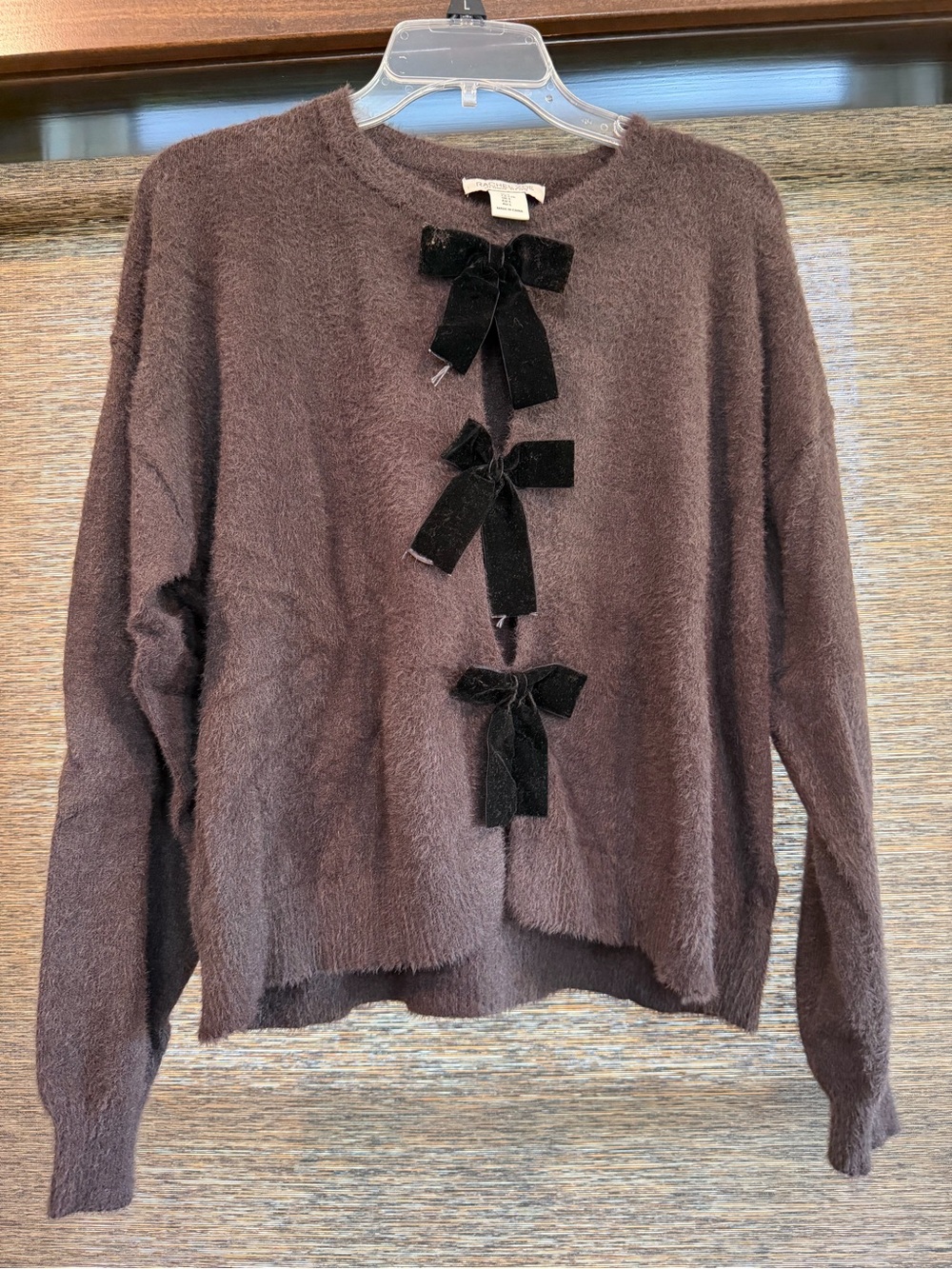 Rachel Zoe Fuzzy Bow-Front Sweater Cardigan with Black Bows